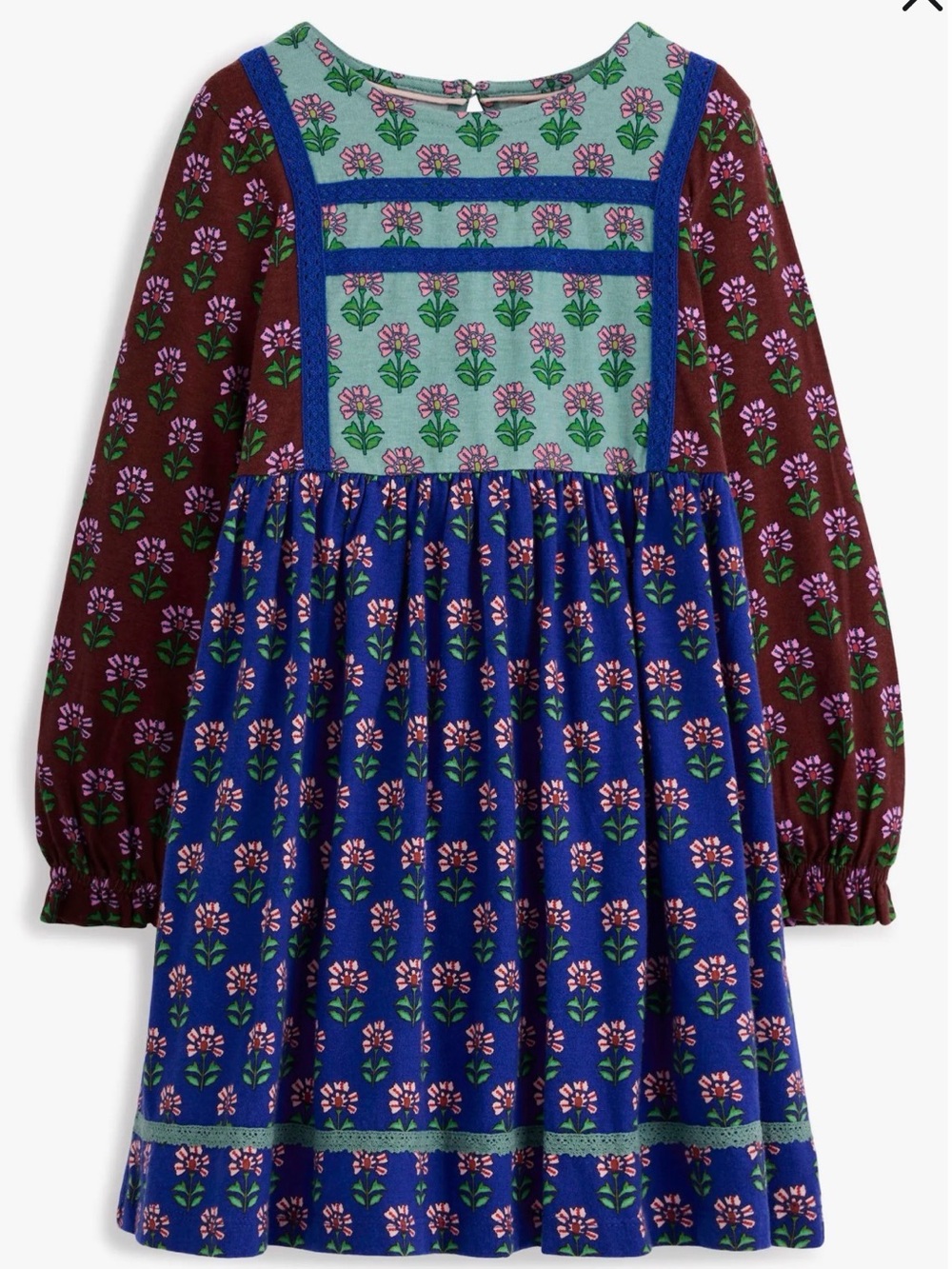 MINI BODEN Kids Floral Print Cotton Jersey Dress in Woodblock Flower - 6-7Y